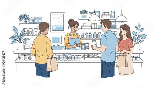 People ordering coffee and drinks at modern cafe counter with friendly barista serving customers in store.