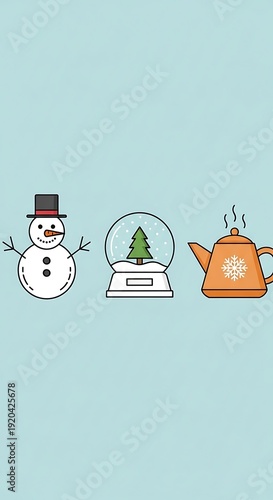 Winter Holiday Icons - Snowman, Snow Globe, and Teapot Illustration.