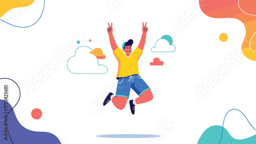 Happy boy jumping high in the blue sky with fluffy clouds and abstract colorful shapes for freedom and victory.