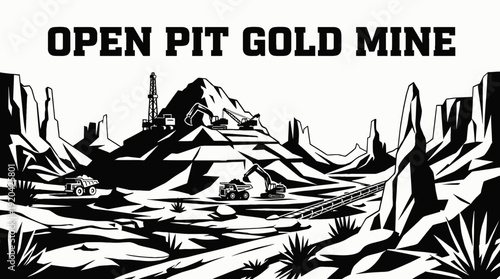 open pit gold mining industry excavation mineral resource quarry machinery heavy equipment extraction desert landscape industrial environment energy black and white vector illustration