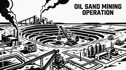 oil sand mining industry excavation mineral resource quarry machinery heavy equipment extraction industrial landscape energy vector illustration