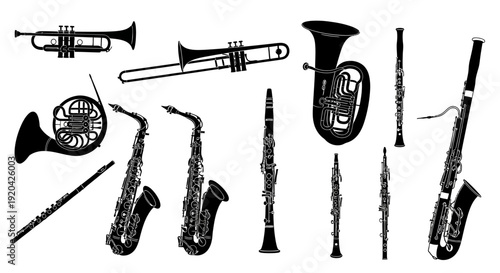 Collection of Black and White Silhouette Musical Instruments