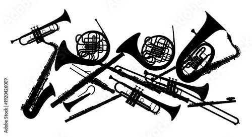 Silhouette of Musical Instruments: Brass and Woodwind Ensemble