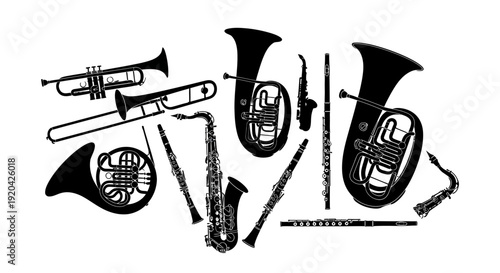 Vintage Silhouette Collection of Brass and Woodwind Musical Instruments