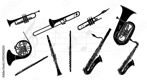 Silhouette Collection of Musical Instruments on a Musical Score Background