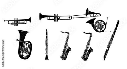 Collection of Brass and Woodwind Musical Instruments Silhouette Vector