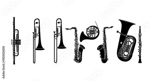 Collection of Brass and Woodwind Musical Instruments Silhouette
