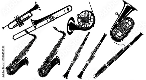 Collection of Musical Instruments Silhouette: Brass and Woodwind Instruments