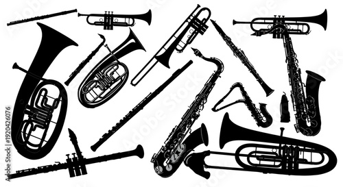 Collage of Black Silhouettes of Various Musical Instruments