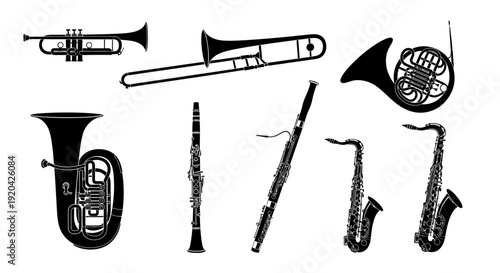 Silhouette Collection of Brass and Woodwind Musical Instruments