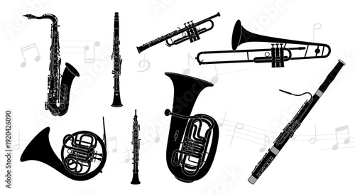 Collection of Black Silhouettes of Musical Instruments with Music Notes Background