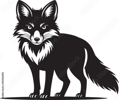 Black and white fox standing and looking forward