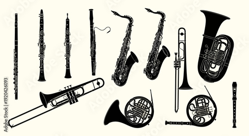 Vintage Musical Instruments Silhouette Collection: Brass and Woodwind Instruments
