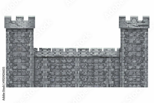 A gray stone castle gateway with crenellations and towers