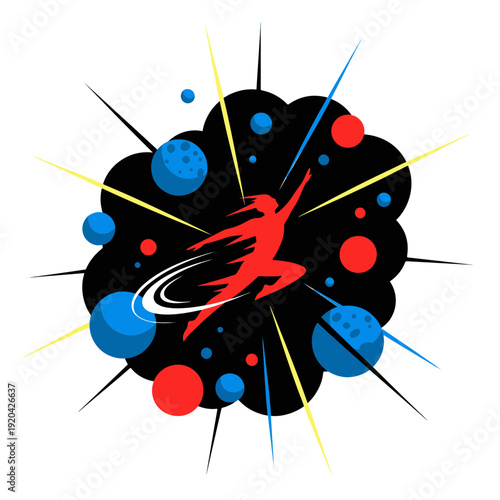 Energetic Red Figure Leaping Among Colorful Planets and Radiating Light Rays in a Dynamic Space Scene