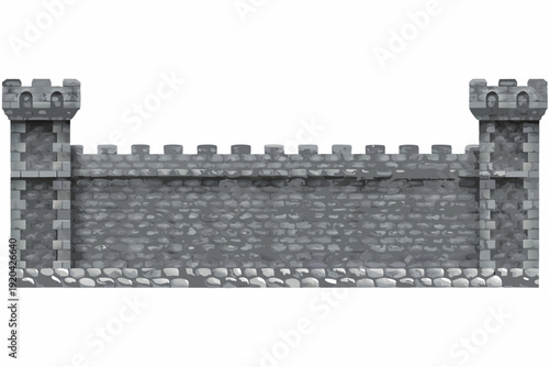 A grayscale depiction of a stone castle wall with towers