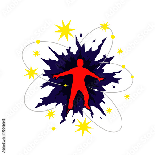 Dynamic Explosion with Human Figure Bright Yellow Stars and Abstract Orbital Paths on Black