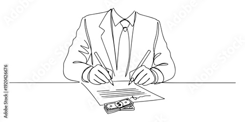 Continuous one line of a contract signed with a hidden bribe underneath, drawn illustration.