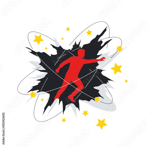Dynamic Red Silhouette of a Person Reaching Amidst an Abstract Explosion of Dark Shapes and Shining Stars
