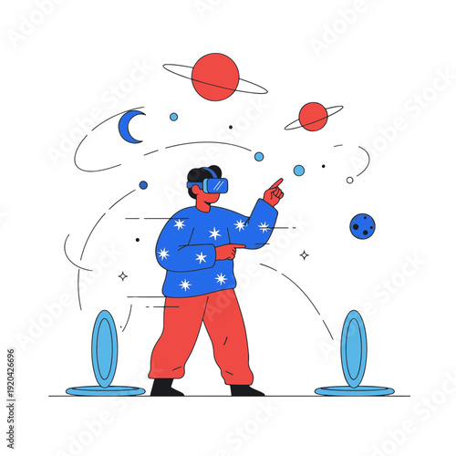 Person in Vr Headset Exploring an Immersive Virtual Space with Planets Stars Moon and Bright Portals