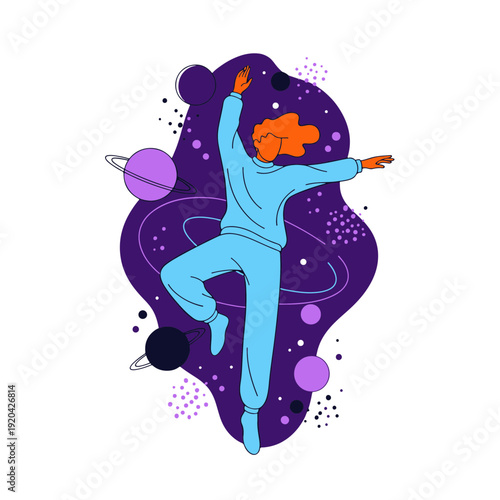 Human Figure in Blue Tracksuit Dancing Among Planets and Cosmic Shapes in an Abstract Space