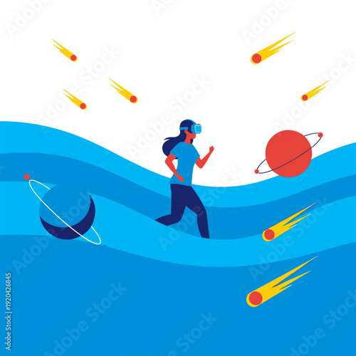 Woman Wearing Vr Headset Running Through an Abstract Digital Space with Planets and Falling Meteorites