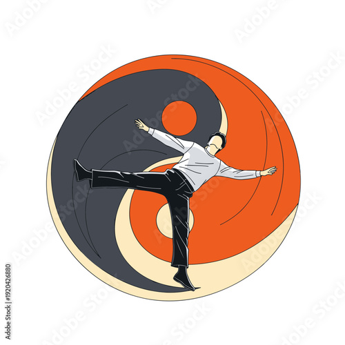 Dynamic Figure Balancing Elegantly Inside a Modern Artistic Interpretation of the Ancient Yin Yang Symbol