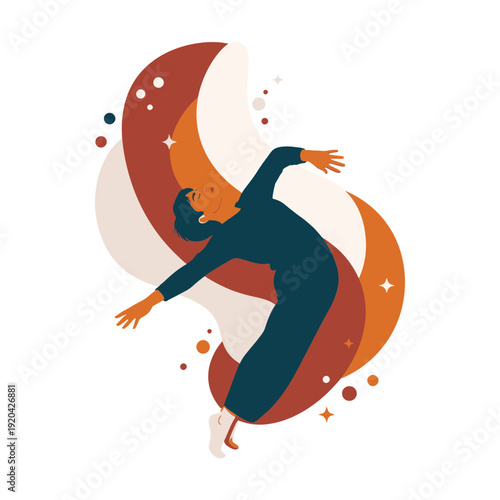Dynamic Figure Joyfully Dancing with Outstretched Arms Against Vibrant Abstract Flowing Shapes