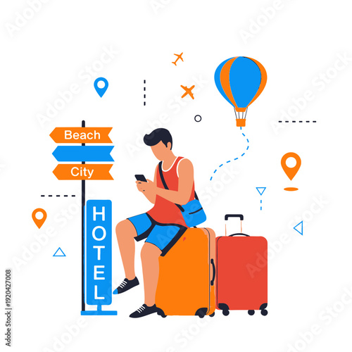 Traveler Sitting on Suitcases Checking Smartphone Deciding Between Beach or City Vacation Trip