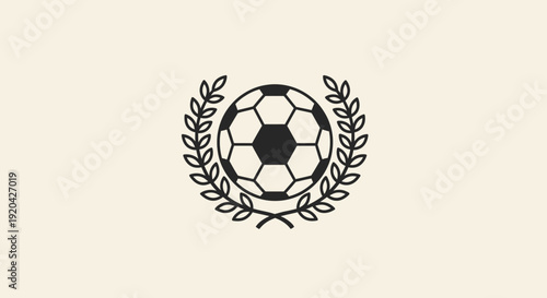 Soccer Ball Emblem with Olive Wreath in Circle on Bright Studio Background