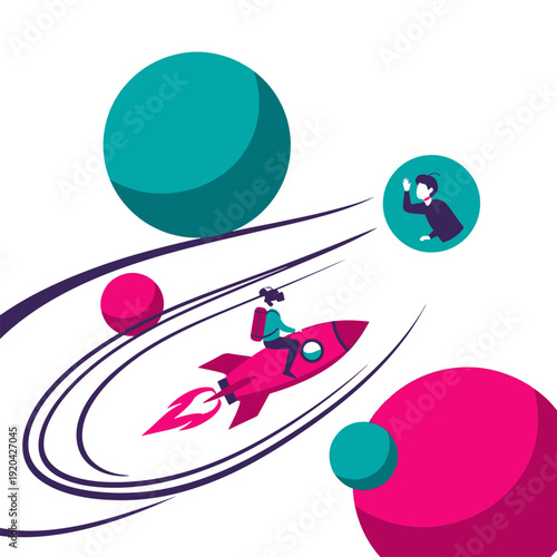 Person with Vr Headset Riding a Rocket in Space Passing Planets While Communicating with Someone