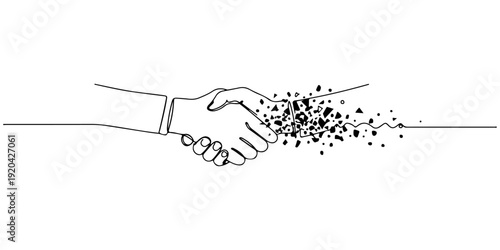 Continuous one line of a corrupt handshake dissolving into broken lines, drawn illustration.