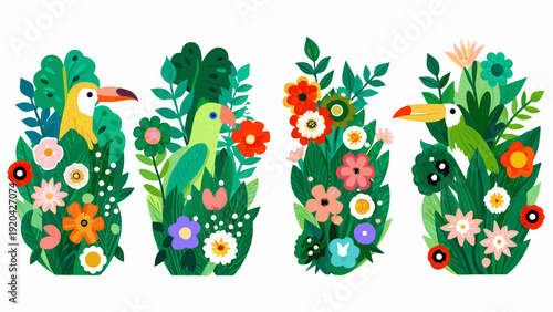 Colorful tropical birds and flowers arranged like cactus shapes
