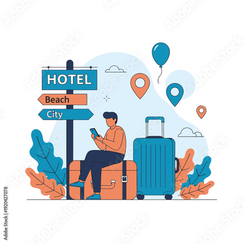 Young Person Sitting on Luggage While Checking Phone Choosing Travel Destination from Signpost