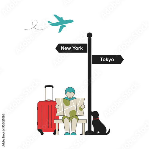 Person with Map Luggage and Dog Contemplating Global Travel Destinations by Airplane