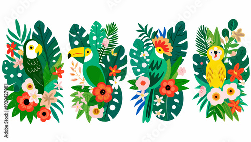 Tropical birds and lush foliage in a colorful patterned arrangement