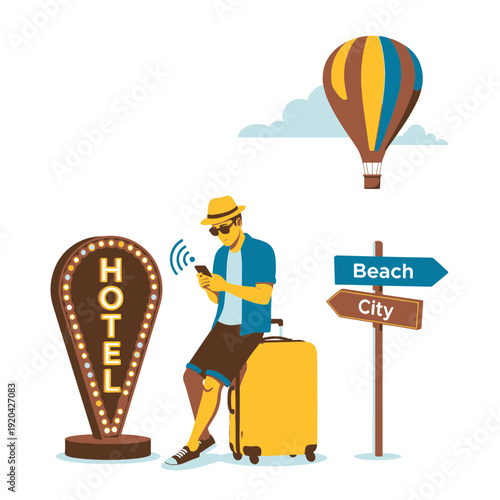 Traveler Checking Smartphone for Hotel Information with Luggage and Destination Signs Hot Air Balloon