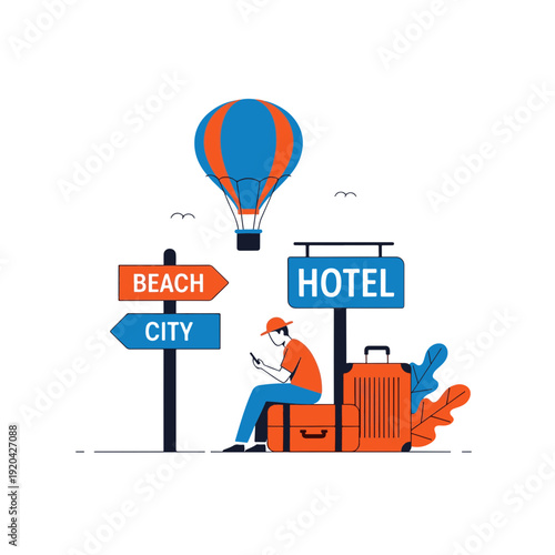 Traveler with Luggage Sitting Near Direction Signs for Beach City and Hotel Journey Choices