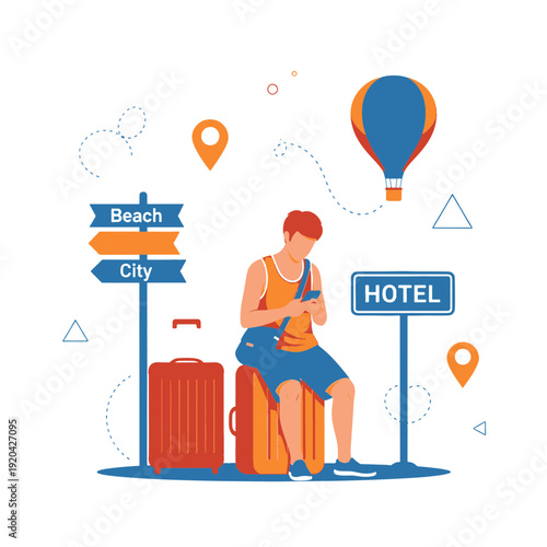 Traveler Checking Phone While Deciding Vacation Destination Sitting on Luggage with Signs
