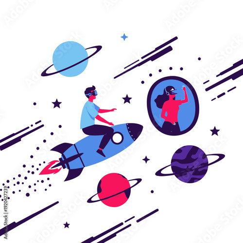 Immersive Virtual Reality Space Exploration Experience with Person on Rocket in Cosmic Realm