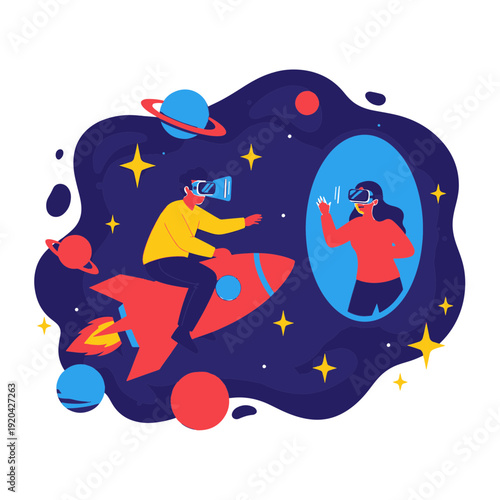 Person Wearing Vr Headset Flying Rocket in Virtual Space Meeting Another Person Online
