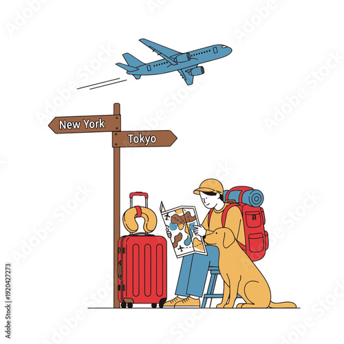 Traveler with Dog and Red Luggage Looking at Map for Journey to New York or Tokyo Destination