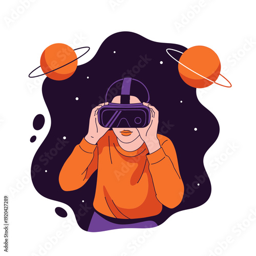 Individual Experiencing an Immersive Virtual Reality World with Head mounted Display and Cosmic Elements