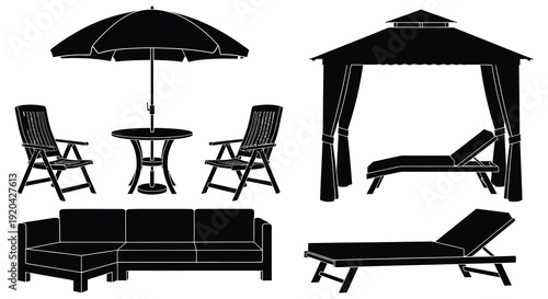 Black silhouettes of outdoor furniture including a sofa chairs table umbrella and gazebo silhouette high quality professional detailed modern elegant stylish