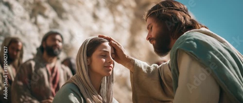 Jesus gently touching a women forehead in an act of healing and compassion.