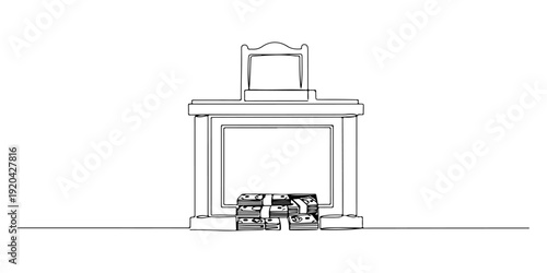 Continuous one line of a judge's bench with hidden money underneath, drawn illustration.