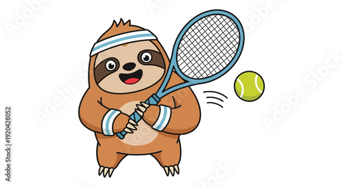 A cheerful cartoon sloth enthusiastically prepares to hit a tennis ball with a racket silhouette high quality professional detailed modern elegant