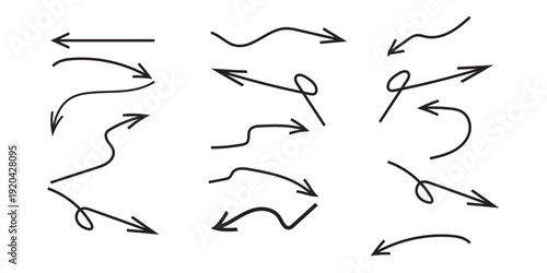 Arrow vector line icon set. Pencil stroke sketch, curved arrow lines up, down, chalk texture element set. Abstract grunge scribble style, vector illustration