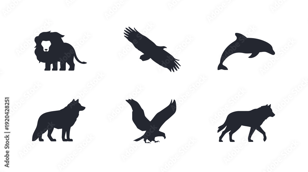 Obraz premium Lion, Eagle, Dolphin, Wolf, Hawk – Flat Vector Graphics on White Background