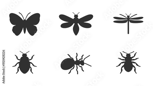 Black and White Insect Icon Collection Featuring Butterfly, Moth, Dragonfly, Beetle, Ant on White Background
